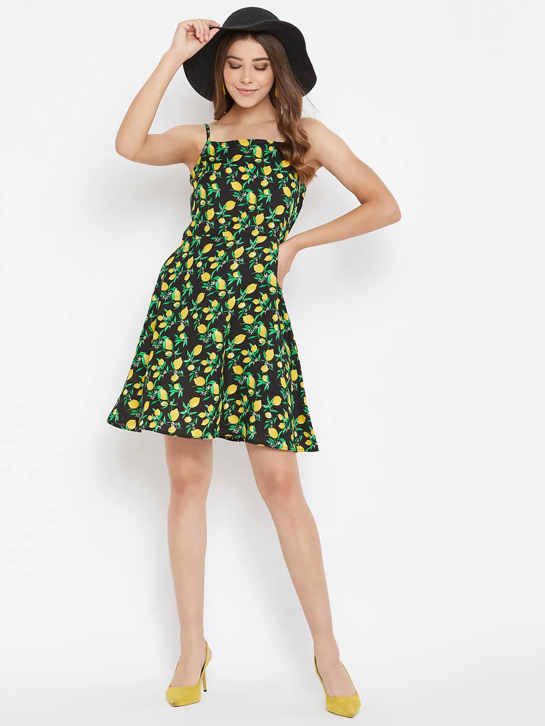 Berrylush Women Black Lemon Printed Fit and Flare Mini Dress