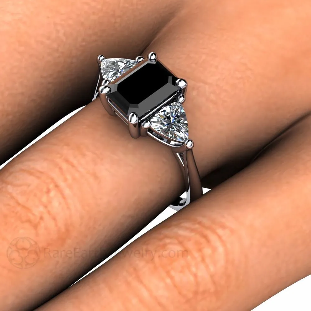 Black Diamond Engagement Ring 3 Stone with Diamond Trillions