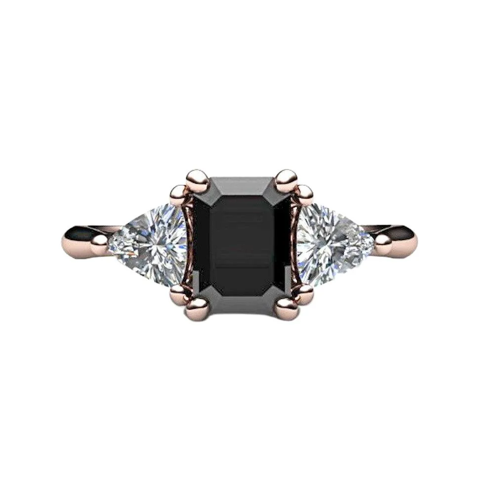 Black Diamond Engagement Ring 3 Stone with Diamond Trillions