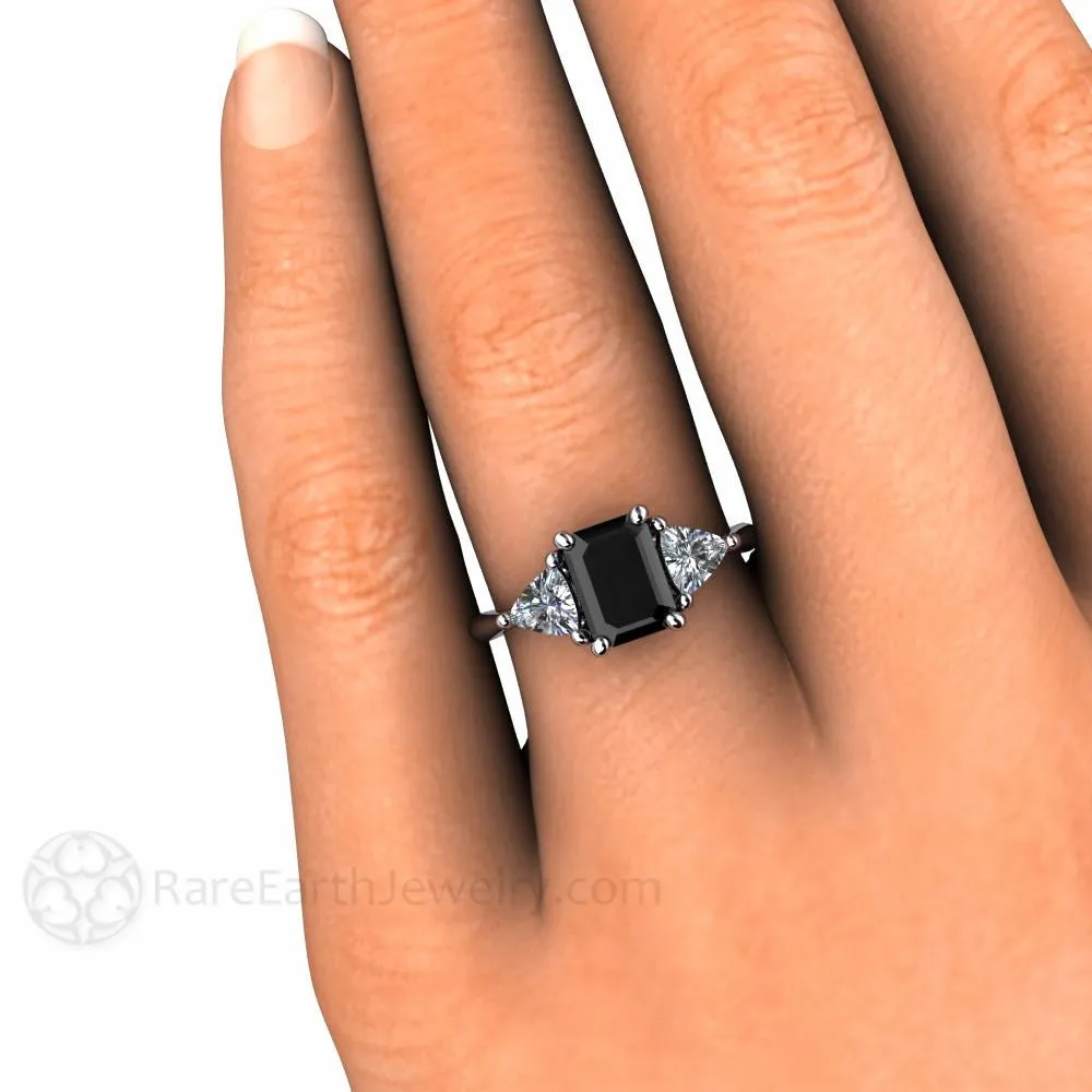 Black Diamond Engagement Ring 3 Stone with Diamond Trillions