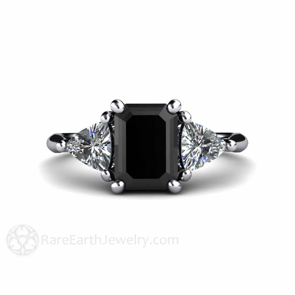 Black Diamond Engagement Ring 3 Stone with Diamond Trillions