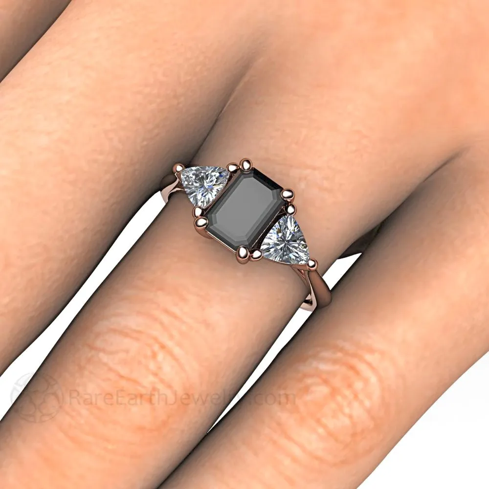 Black Diamond Engagement Ring 3 Stone with Diamond Trillions