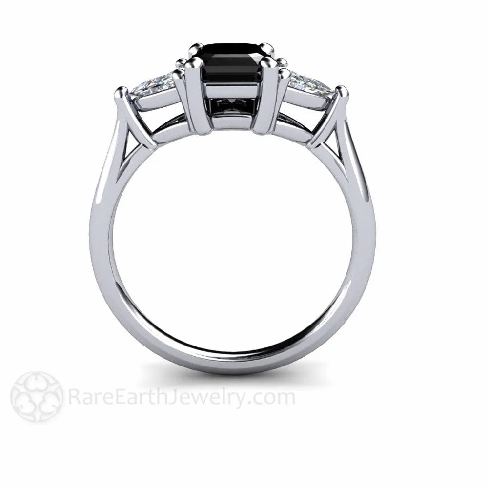 Black Diamond Engagement Ring 3 Stone with Diamond Trillions