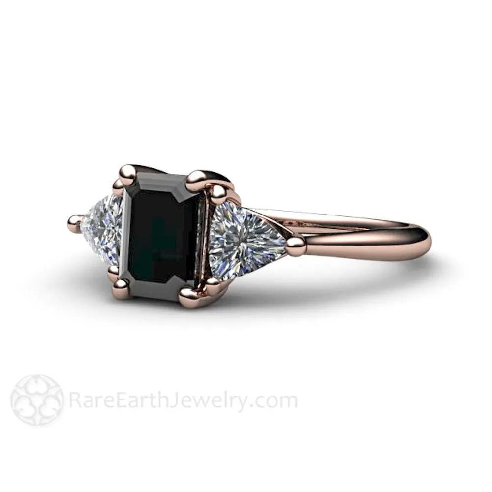 Black Diamond Engagement Ring 3 Stone with Diamond Trillions