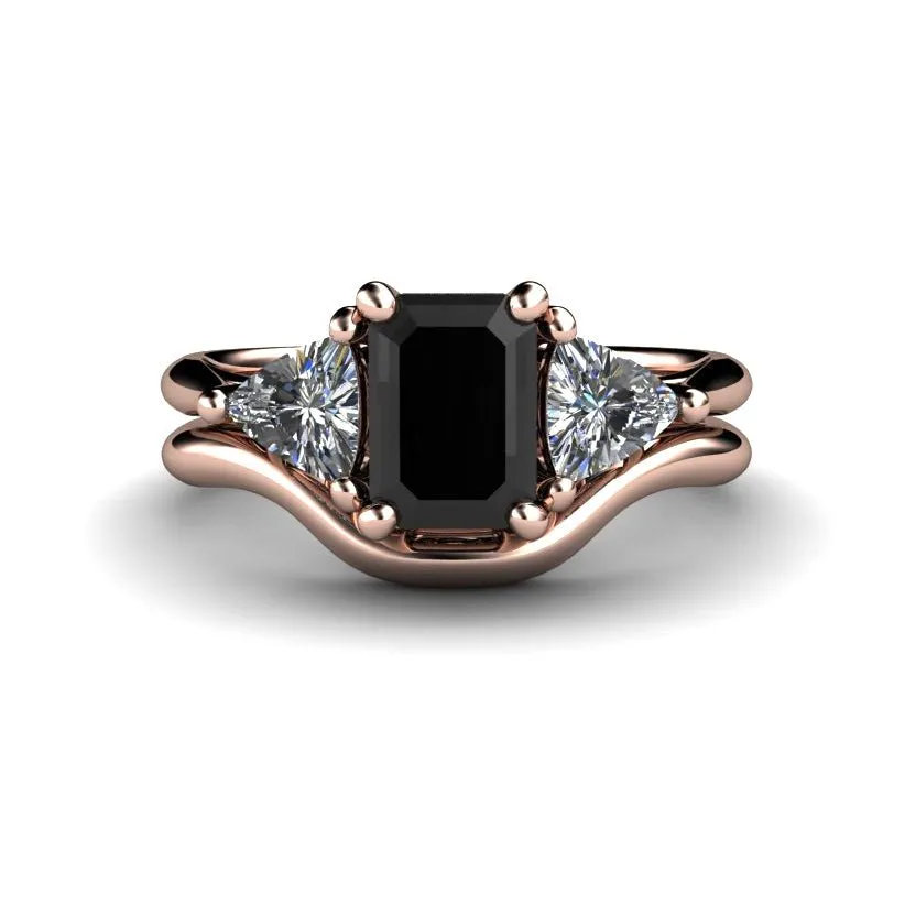 Black Diamond Engagement Ring 3 Stone with Diamond Trillions