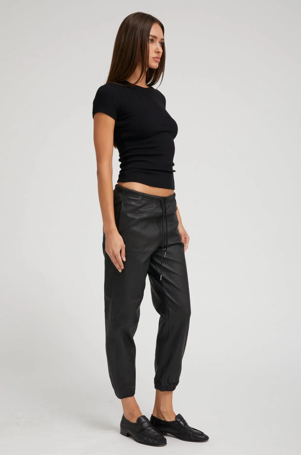 Black Leather Drawstring Sweatpants