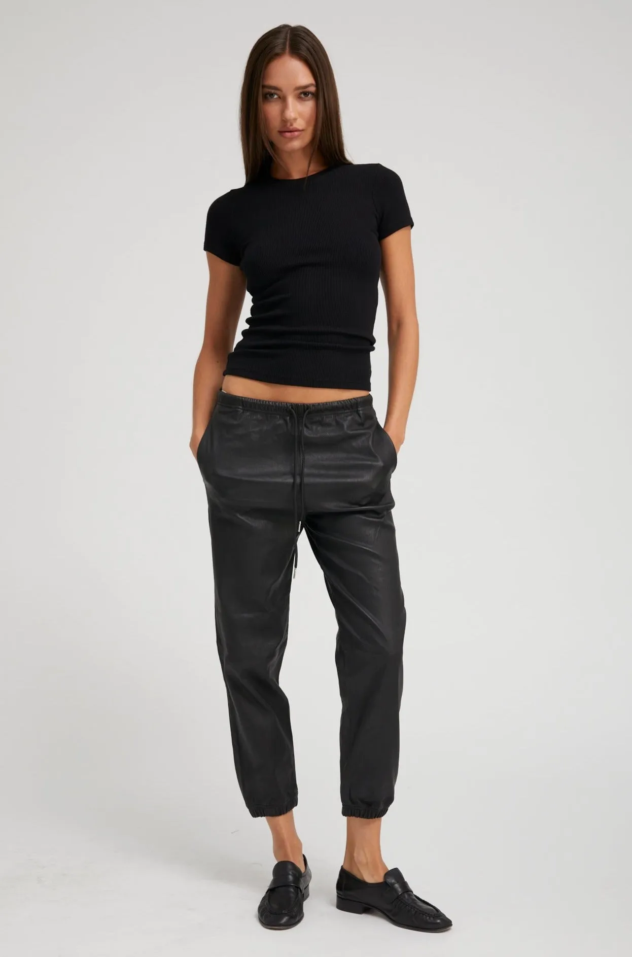 Black Leather Drawstring Sweatpants