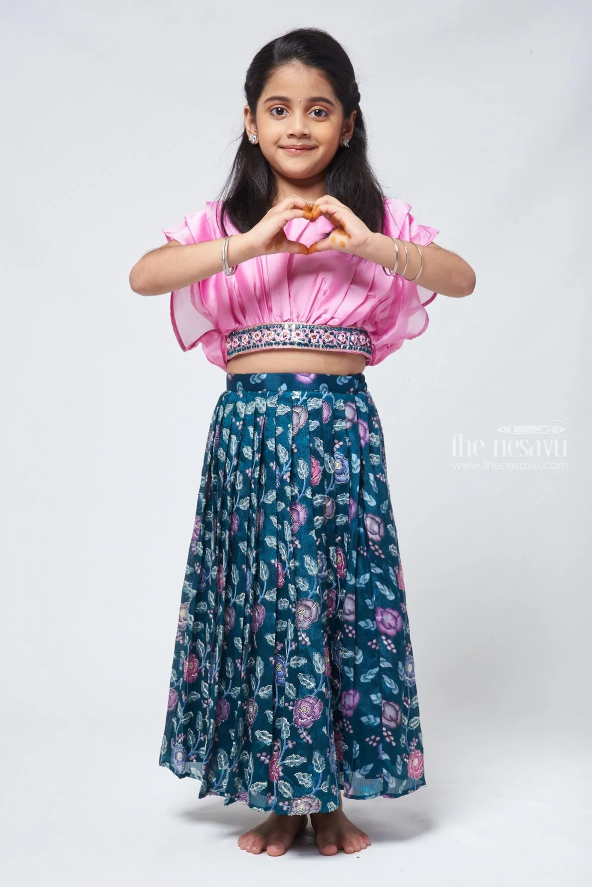 Blossom Green: Girls Floral Lehanga Choli with Pleated Pink Blouse