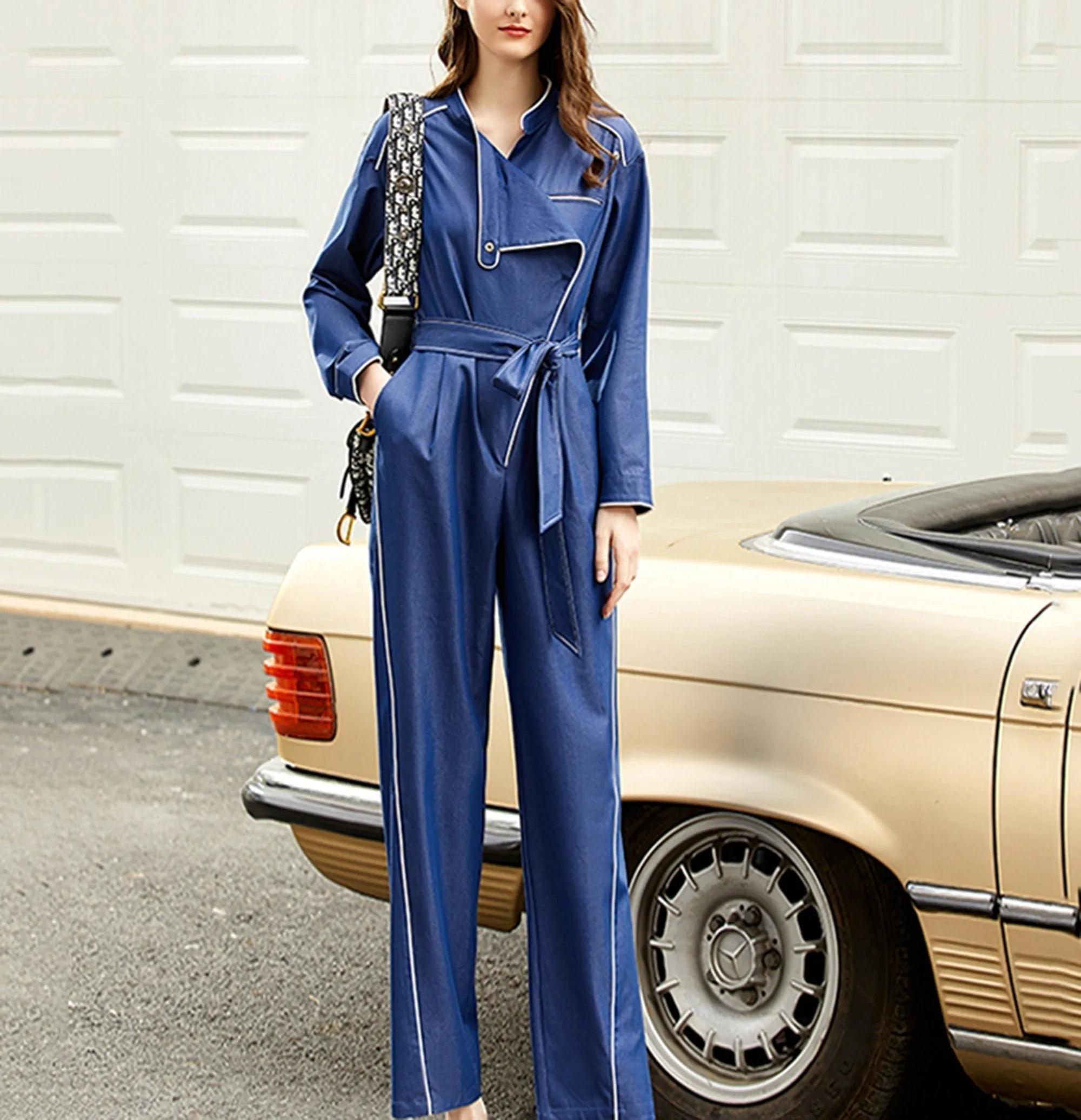 Blue Belted Long Sleeve Jumpsuit