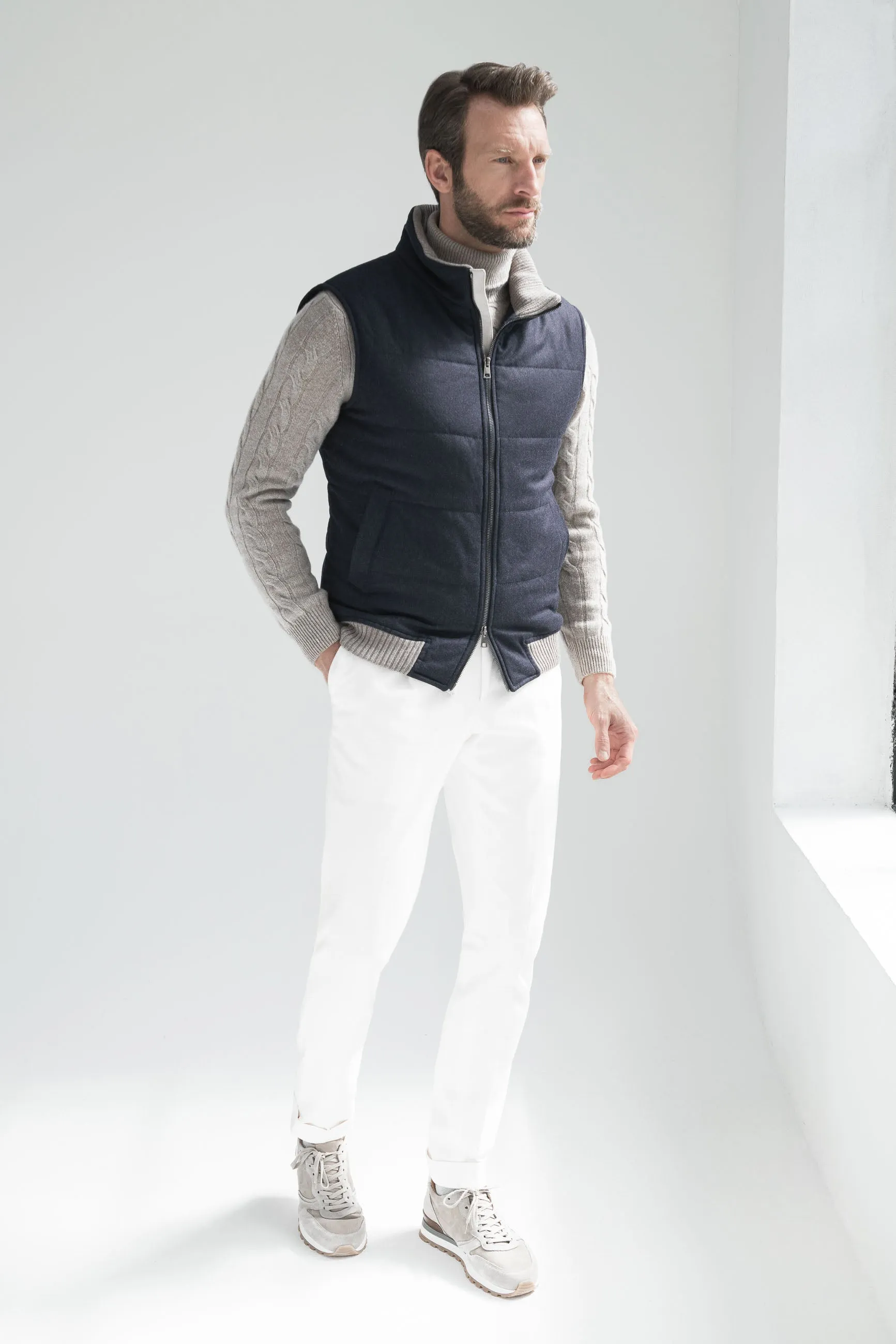 Blue down vest in Loro Piana wool & cashmere – Made in Italy