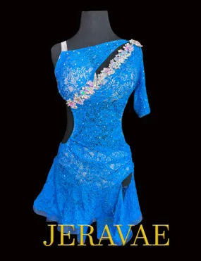 Blue Lace Latin Dress with Asymmetrical Neckline, One Half Sleeve, Side Slit in Skirt, Semi-Open Back, and Horsehair Hem, Sz S Lat186