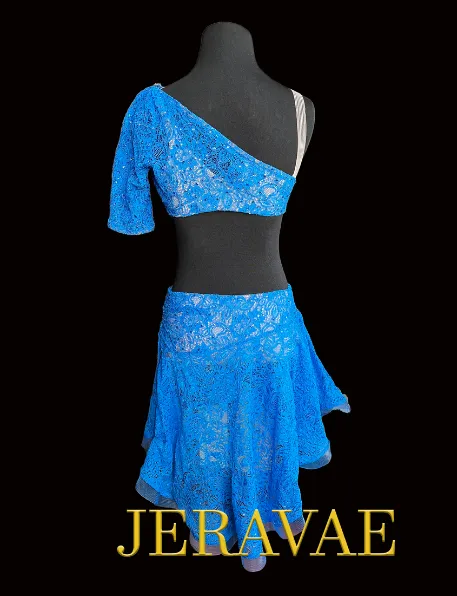 Blue Lace Latin Dress with Asymmetrical Neckline, One Half Sleeve, Side Slit in Skirt, Semi-Open Back, and Horsehair Hem, Sz S Lat186