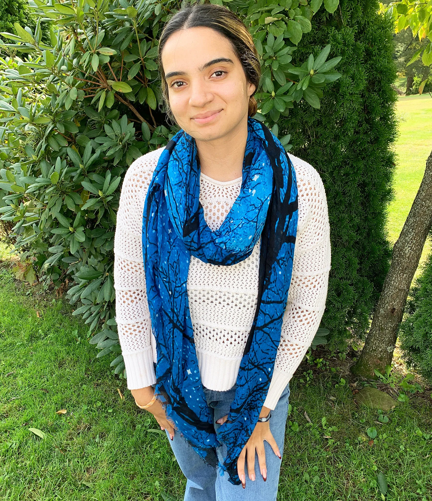 Blue Pacific Cashmere and Silk Sky and Tree Print Scarf in Cobalt Blue