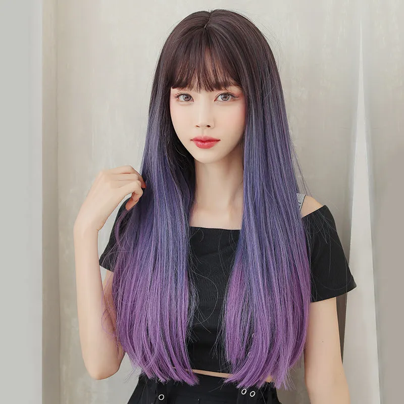 Blue-purple gradient long straight hair wig KF9266