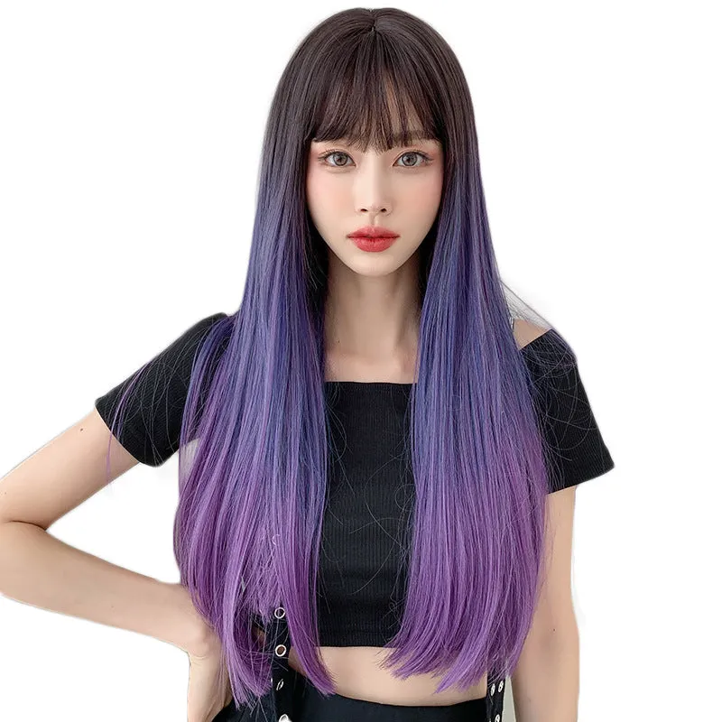 Blue-purple gradient long straight hair wig KF9266