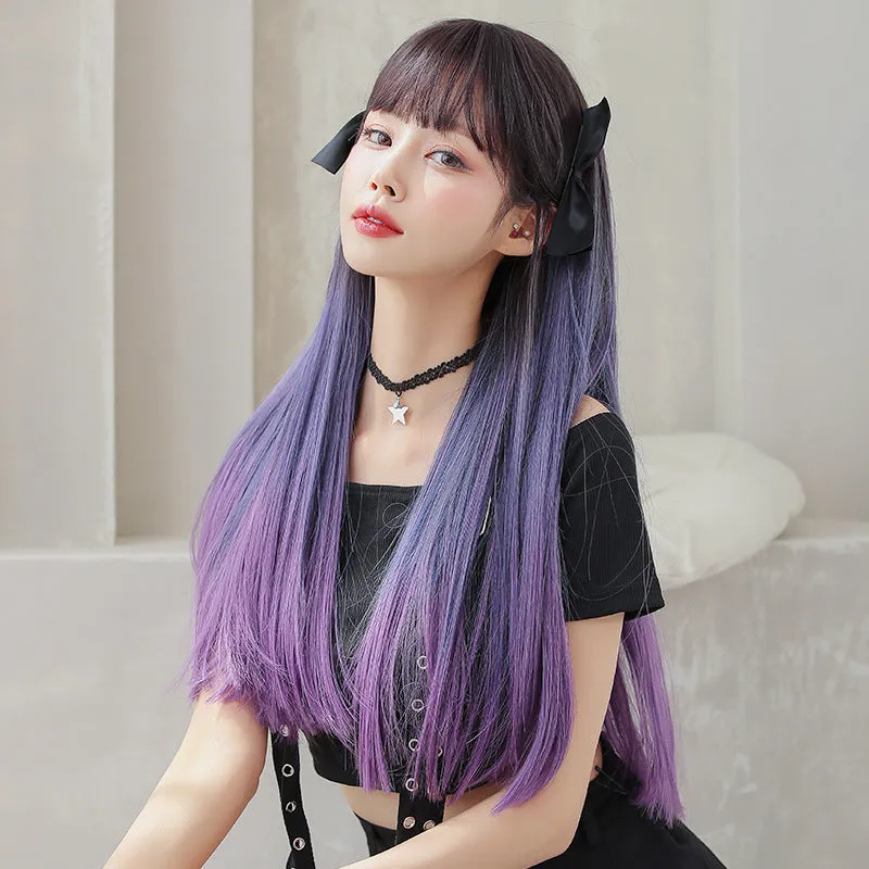 Blue-purple gradient long straight hair wig KF9266