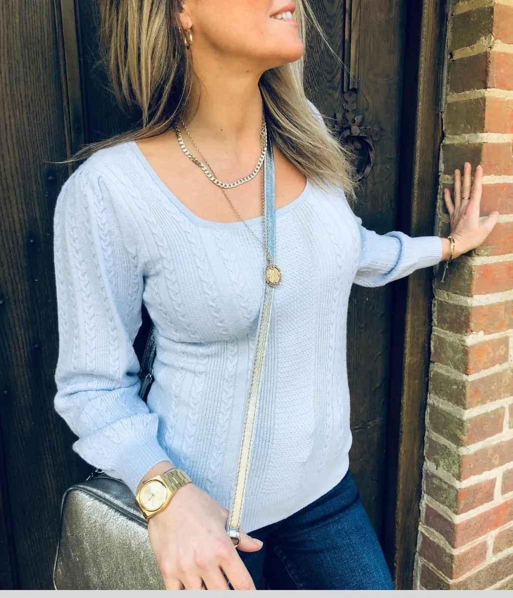 Blue Square Neck Cable Knit Jumper