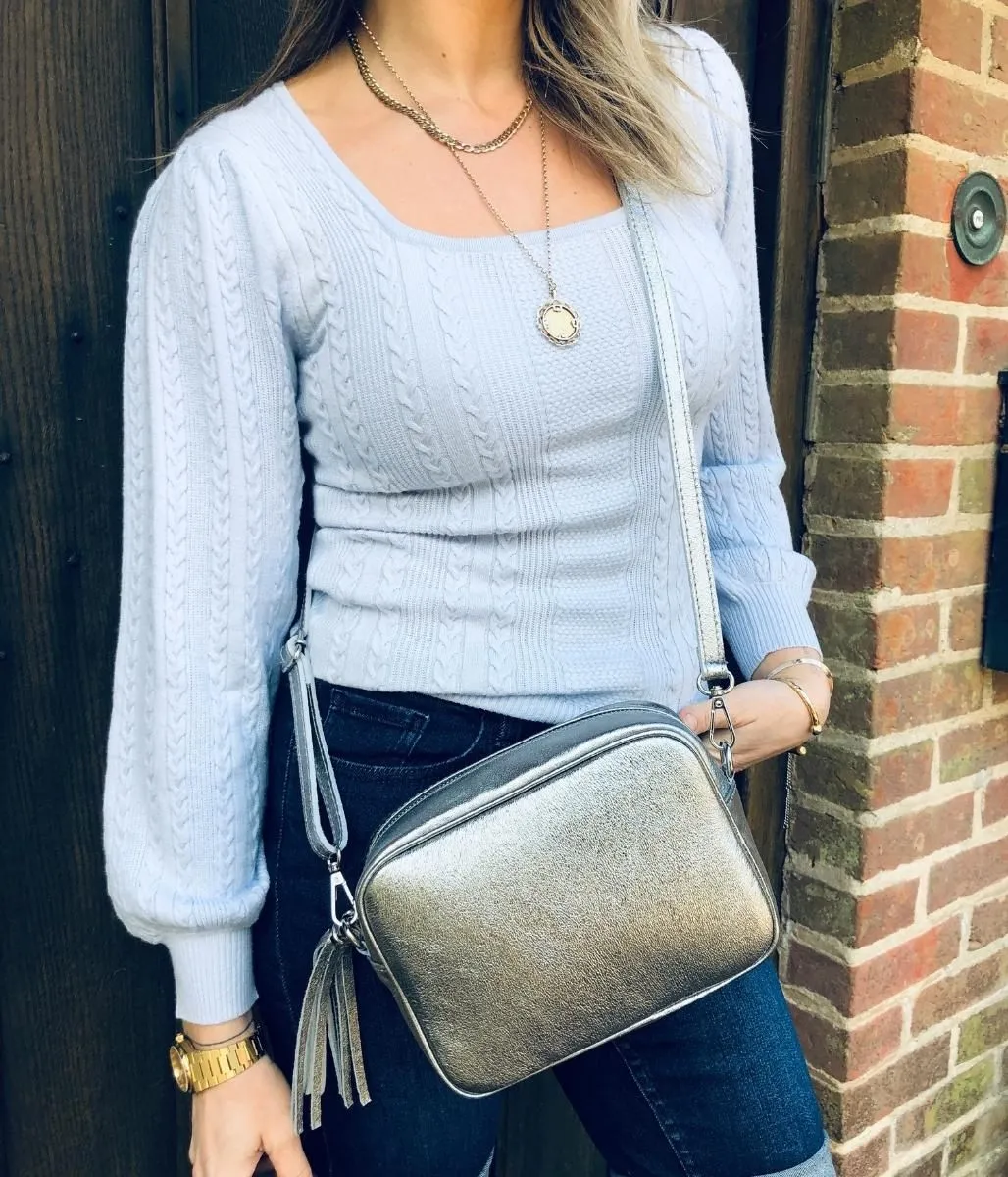 Blue Square Neck Cable Knit Jumper