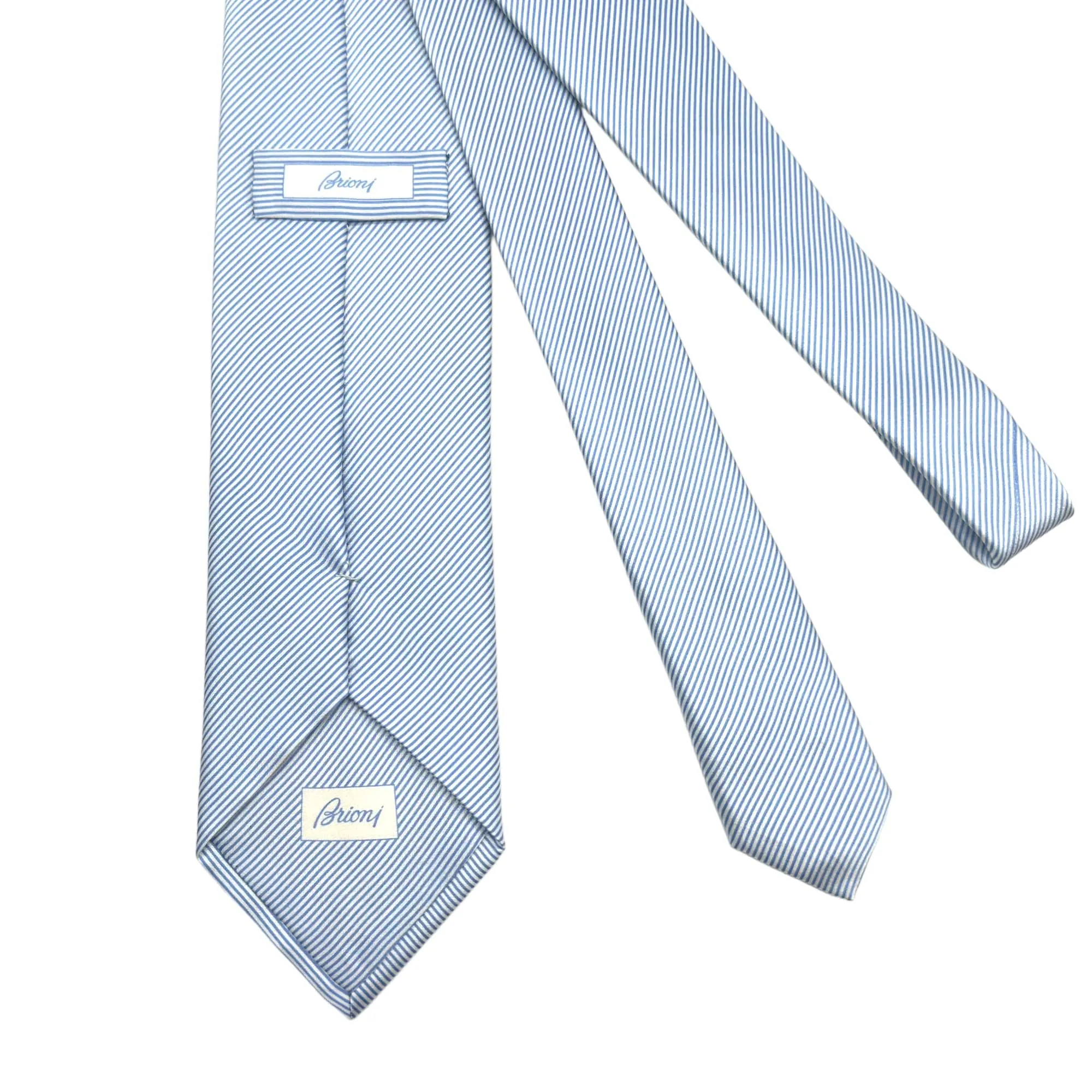 BRIONI Thin Diagonal Stripe Silk Tie - Light Blue & White