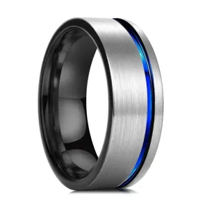 Brushed Silver & Offset Blue Inlay Tungsten Ring (8mm)