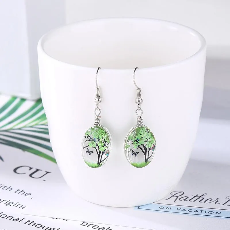 Butterfly Wishing Tree Glass  Dried Flower Long Drop Earrings