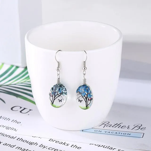 Butterfly Wishing Tree Glass  Dried Flower Long Drop Earrings