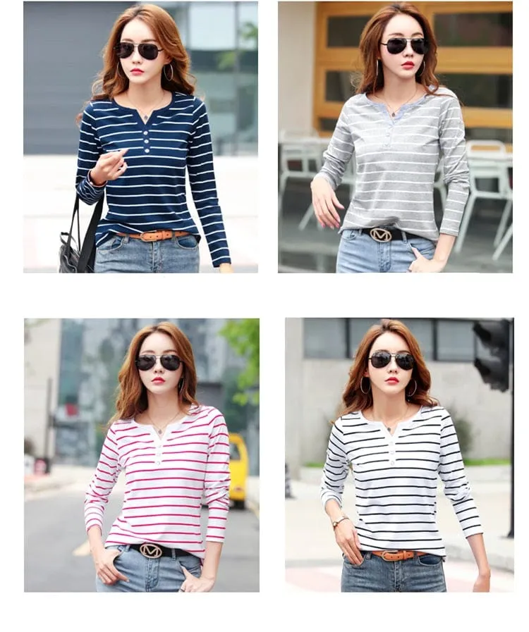 Button up Striped long Sleeved Top - S-5XL - 4 Colors