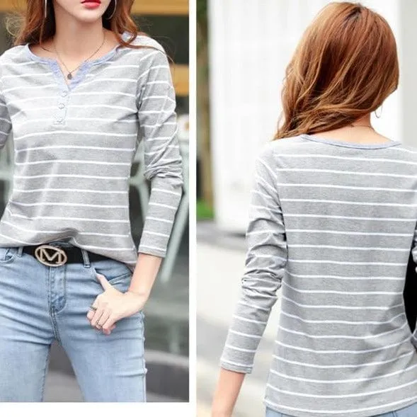 Button up Striped long Sleeved Top - S-5XL - 4 Colors