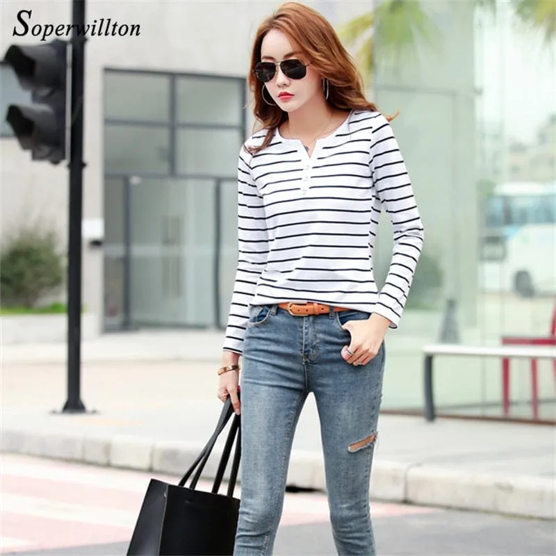 Button up Striped long Sleeved Top - S-5XL - 4 Colors