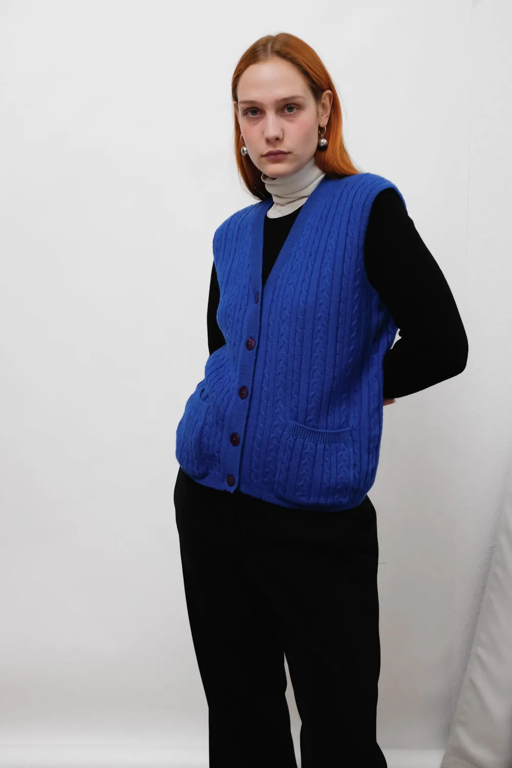 CABLE KNIT BLUE WOOL VINTAGE VEST