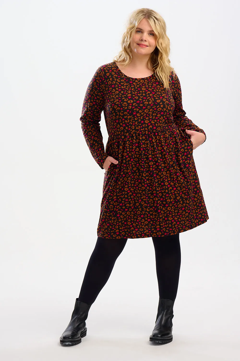 Caggie Smock Dress - Black, Star & Lightning Animal