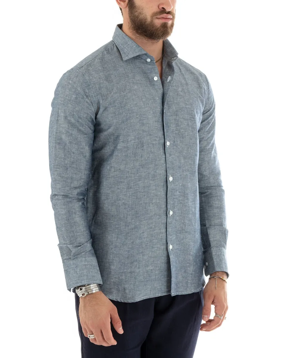 Camicia Uomo Con Colletto Francese Manica Lunga Lino Melangiata Sartoriale Blu GIOSAL-C2685A