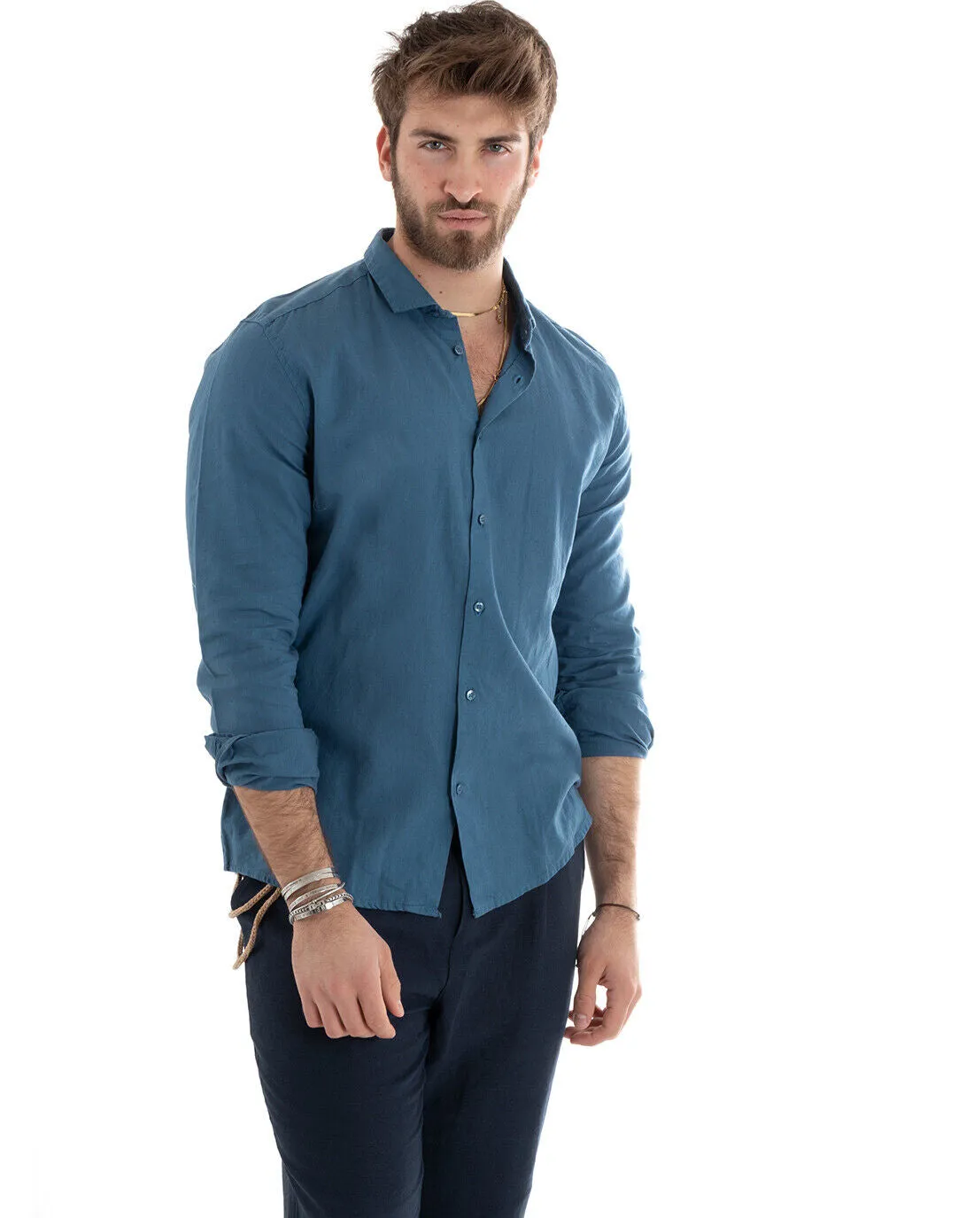 Camicia Uomo Con Colletto Tinta Unita Avio Lino Manica Lunga Casual Sartoriale GIOSAL-C2716A