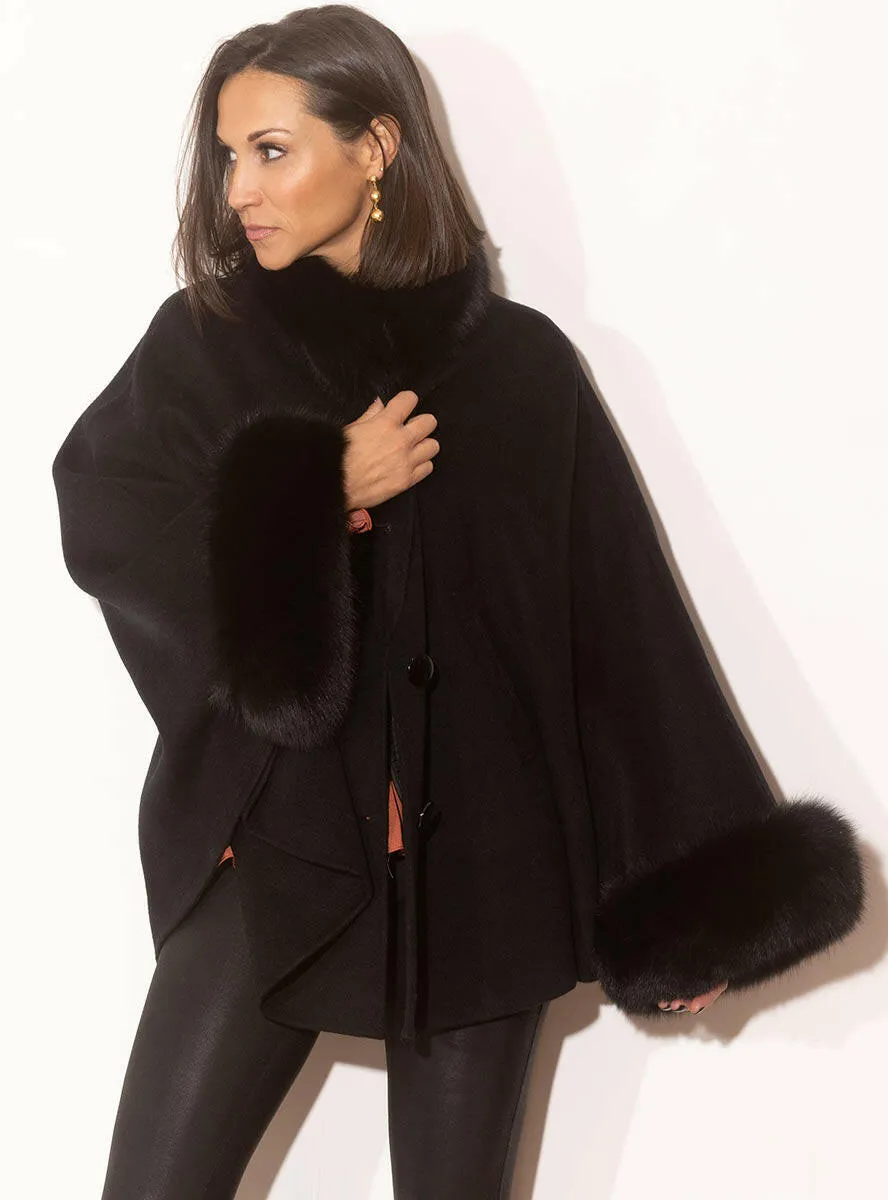 Cashmere Blend Cape with Fox Fur Trim