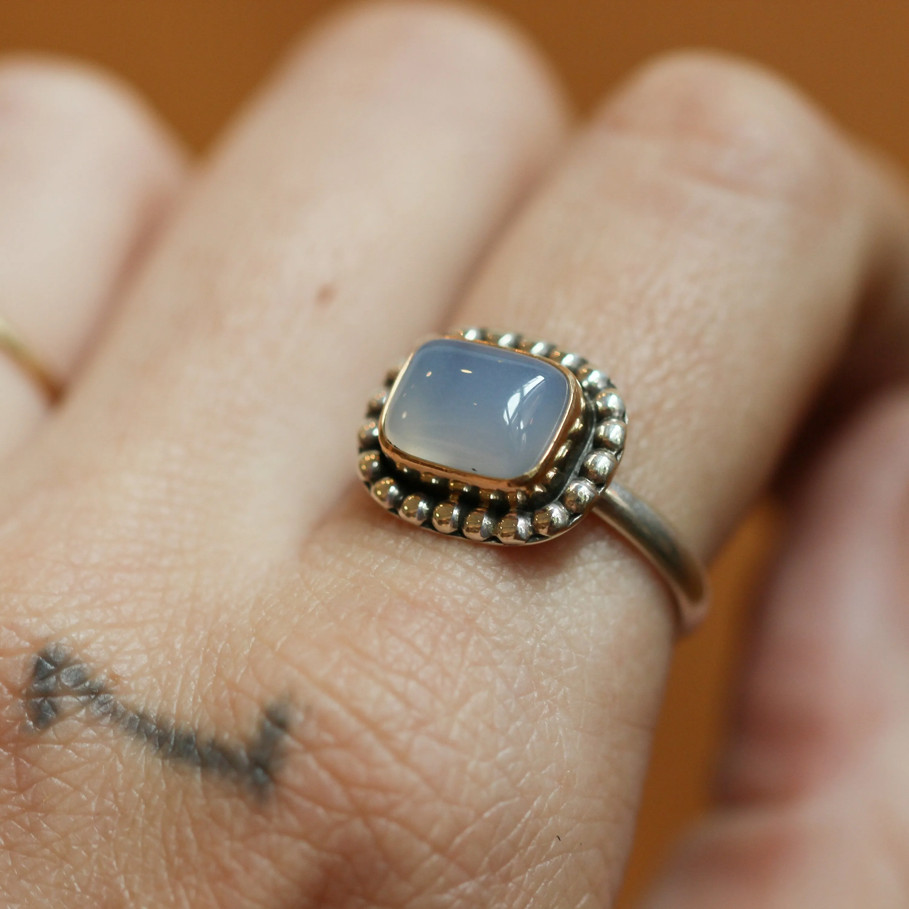 Chalcedony Ring - Gold Ring - Silversmith Ring - Blue Ring