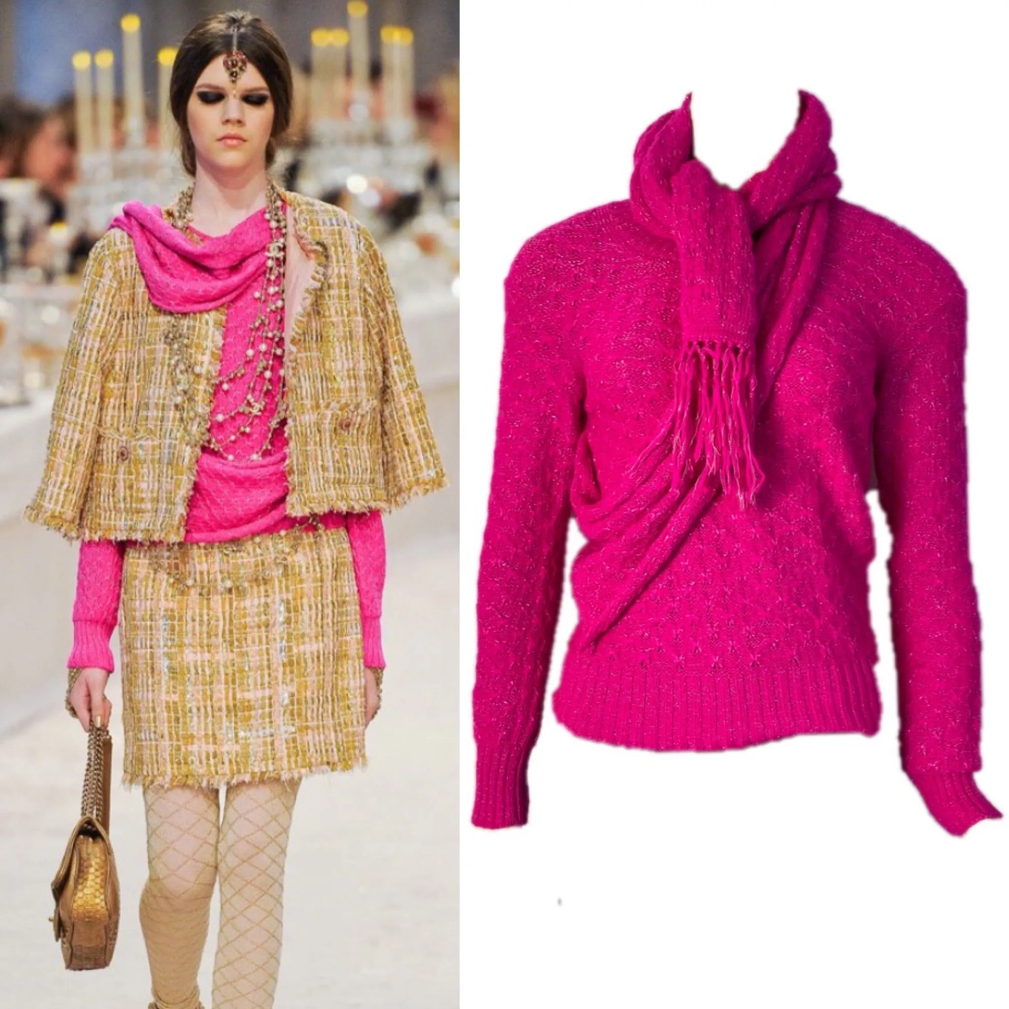 Chanel 2012 Fall 12A Pink Fuchsia Sweater w attached Scarf FR 34