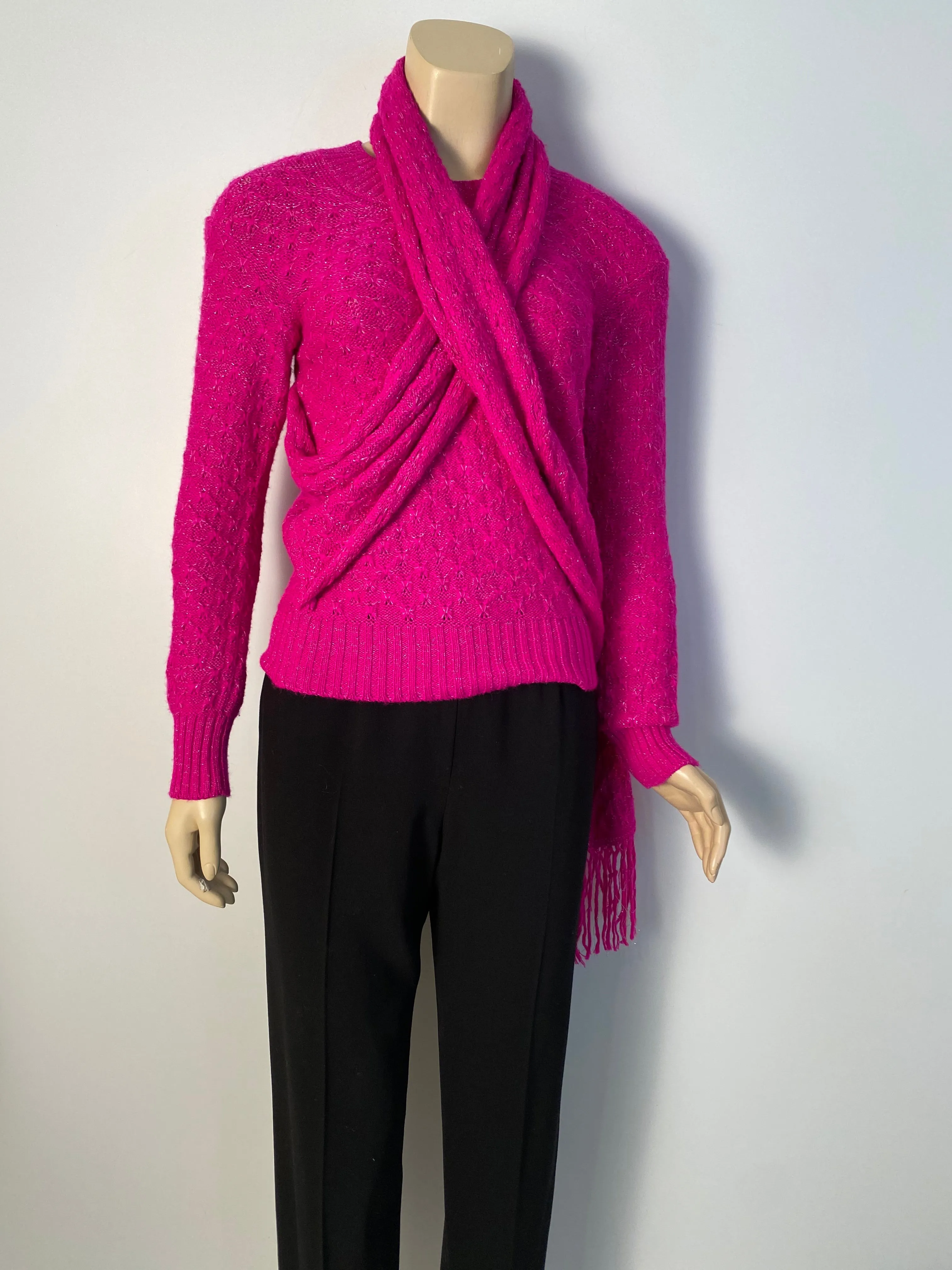 Chanel 2012 Fall 12A Pink Fuchsia Sweater w attached Scarf FR 34