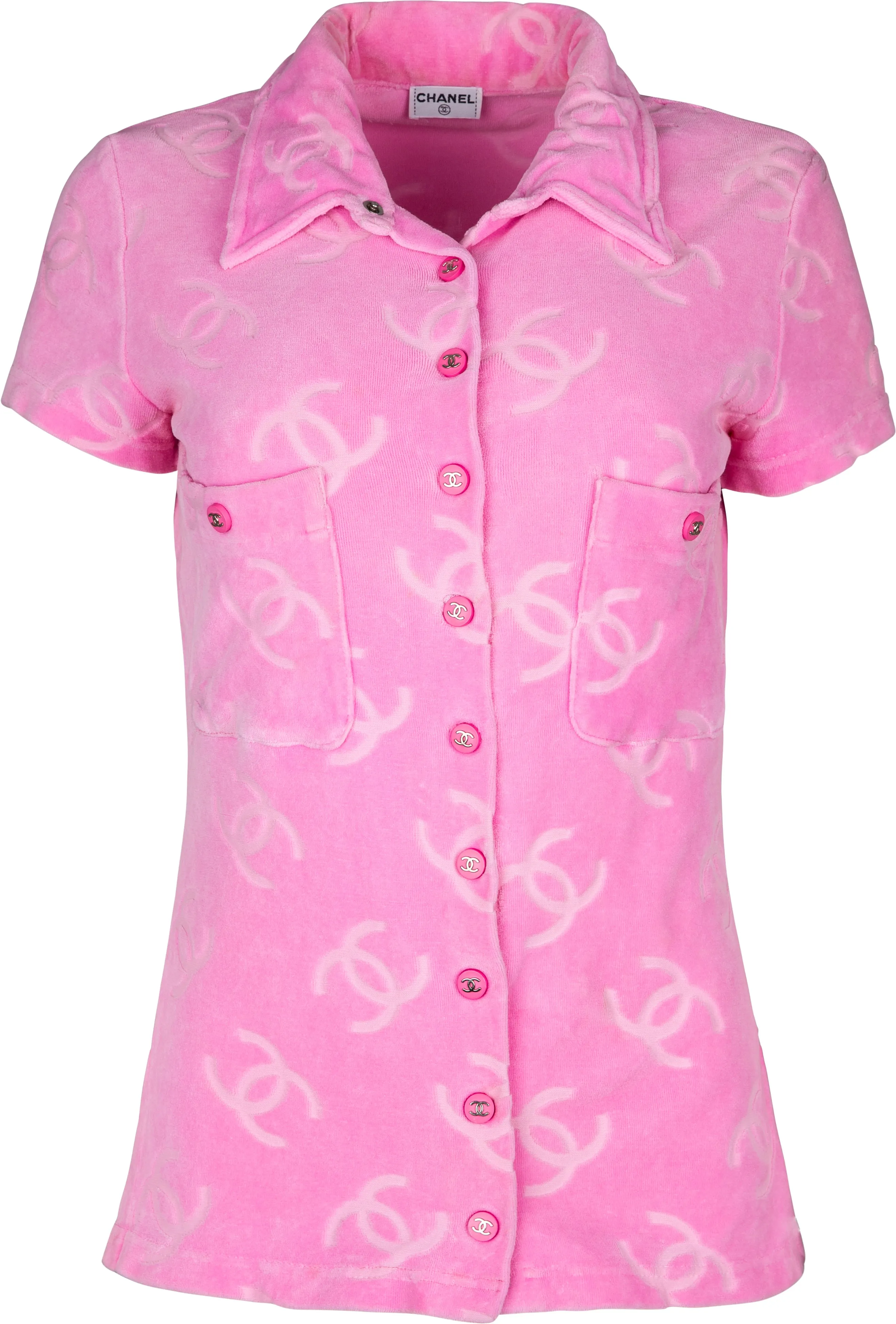 Chanel Pink Velour Logo Spring 1996 Runway Top