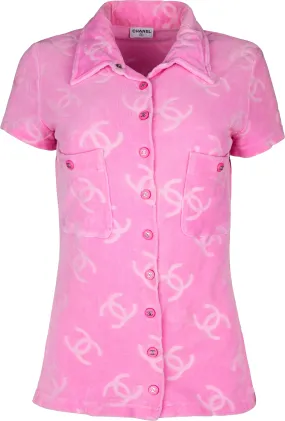 Chanel Pink Velour Logo Spring 1996 Runway Top