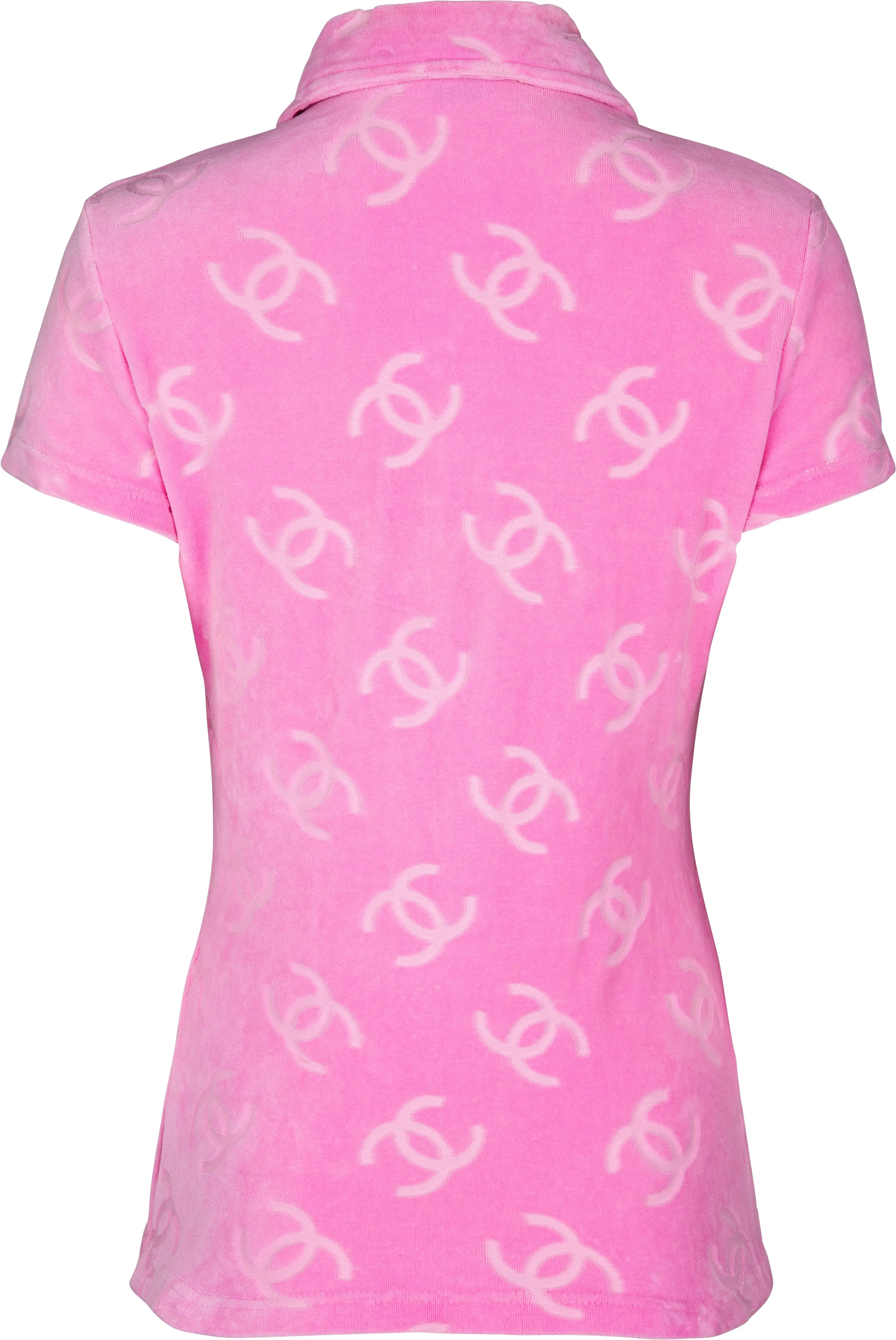 Chanel Pink Velour Logo Spring 1996 Runway Top