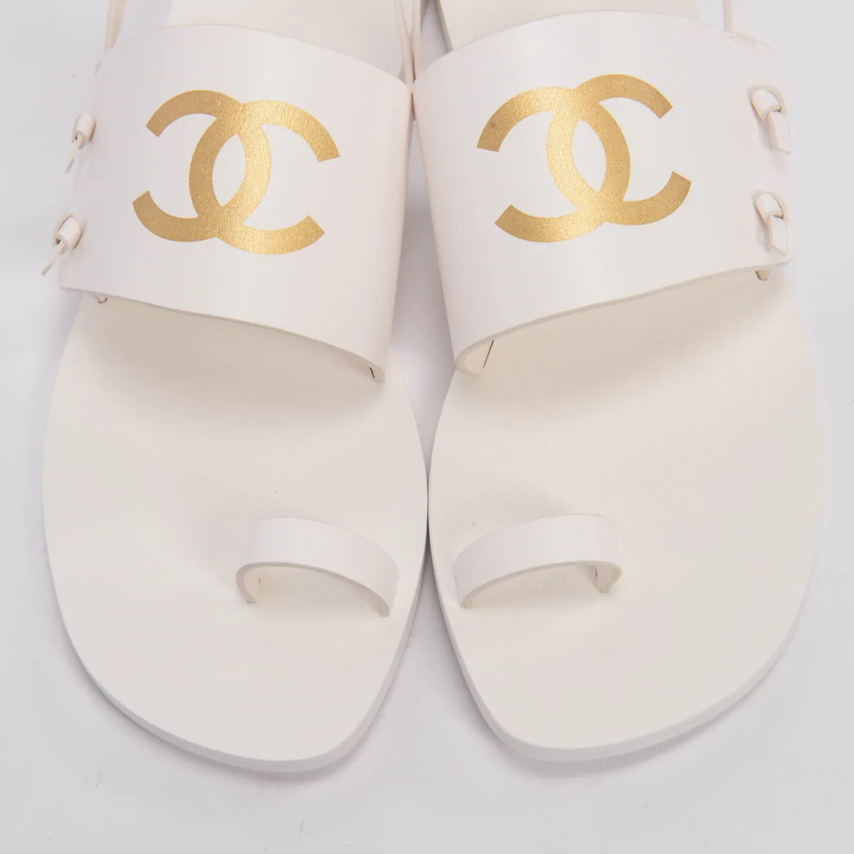 Chanel White & Gold Leather CC Strap Sandals 40