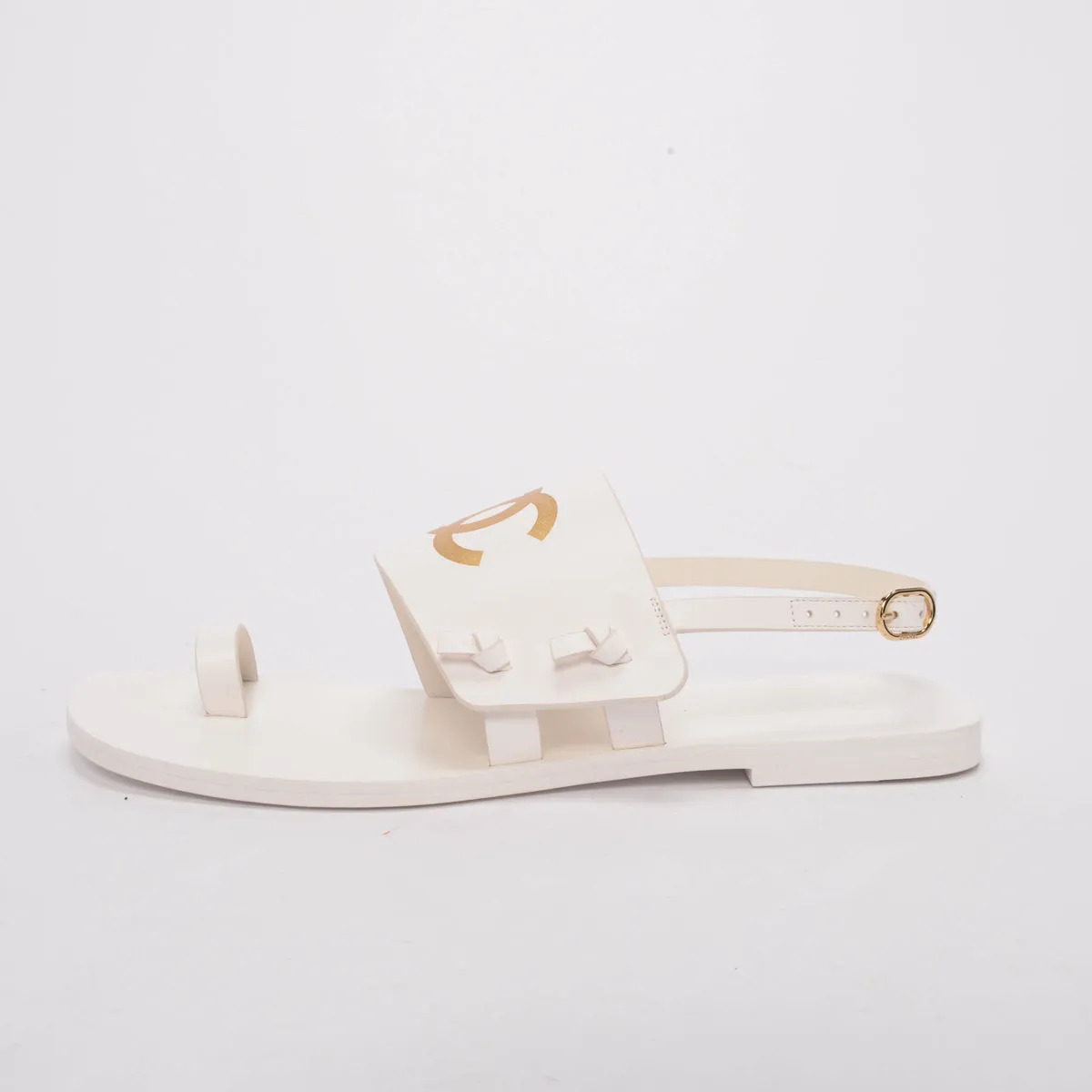 Chanel White & Gold Leather CC Strap Sandals 40