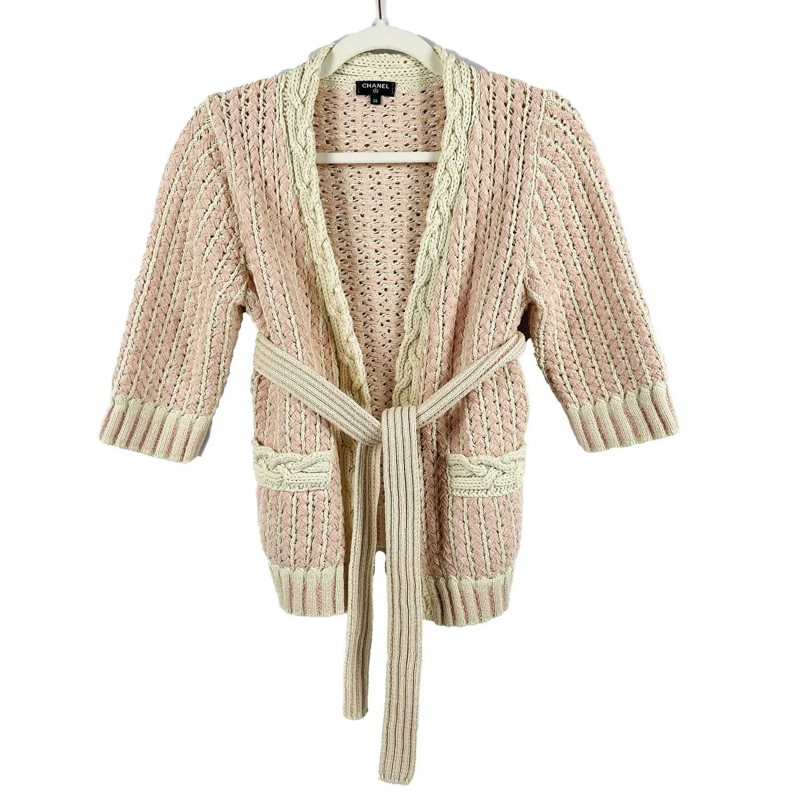 CHANEL -18P Cotton Blend Woven Knit Sweater - Pastel Pink / Ecru - 36 US 4