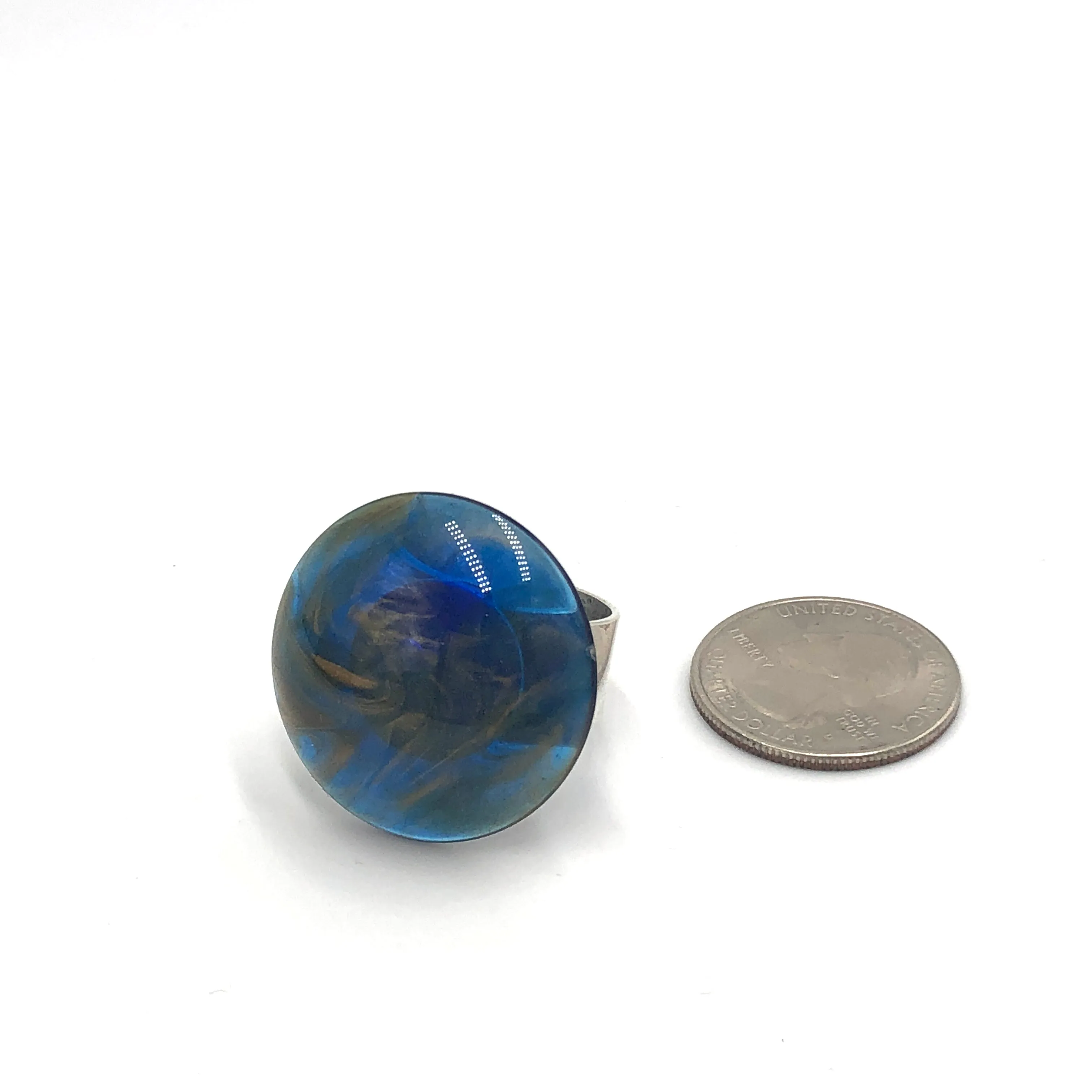 Cobalt & Gold Marbled Lucite Silver Cocktail Ring