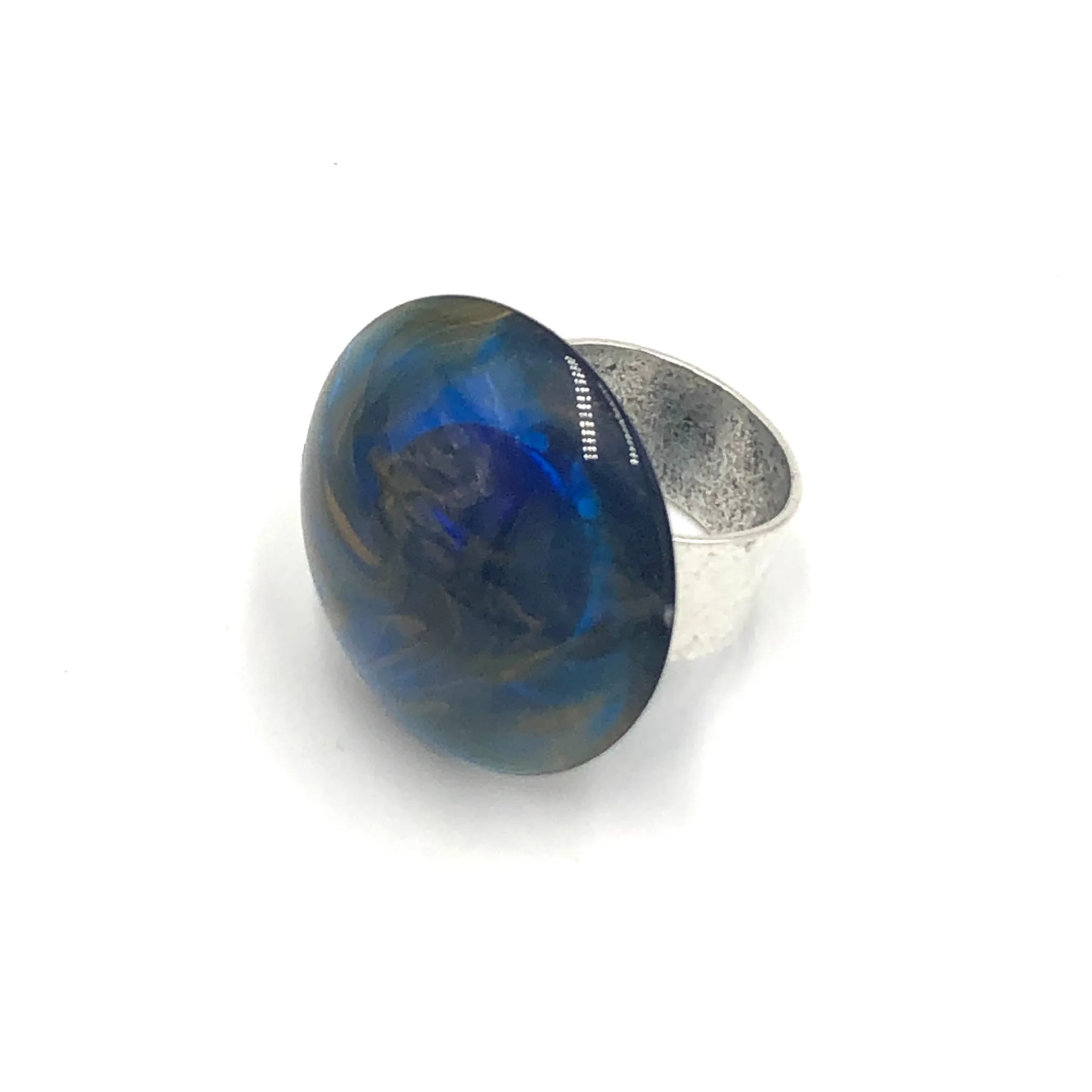 Cobalt & Gold Marbled Lucite Silver Cocktail Ring