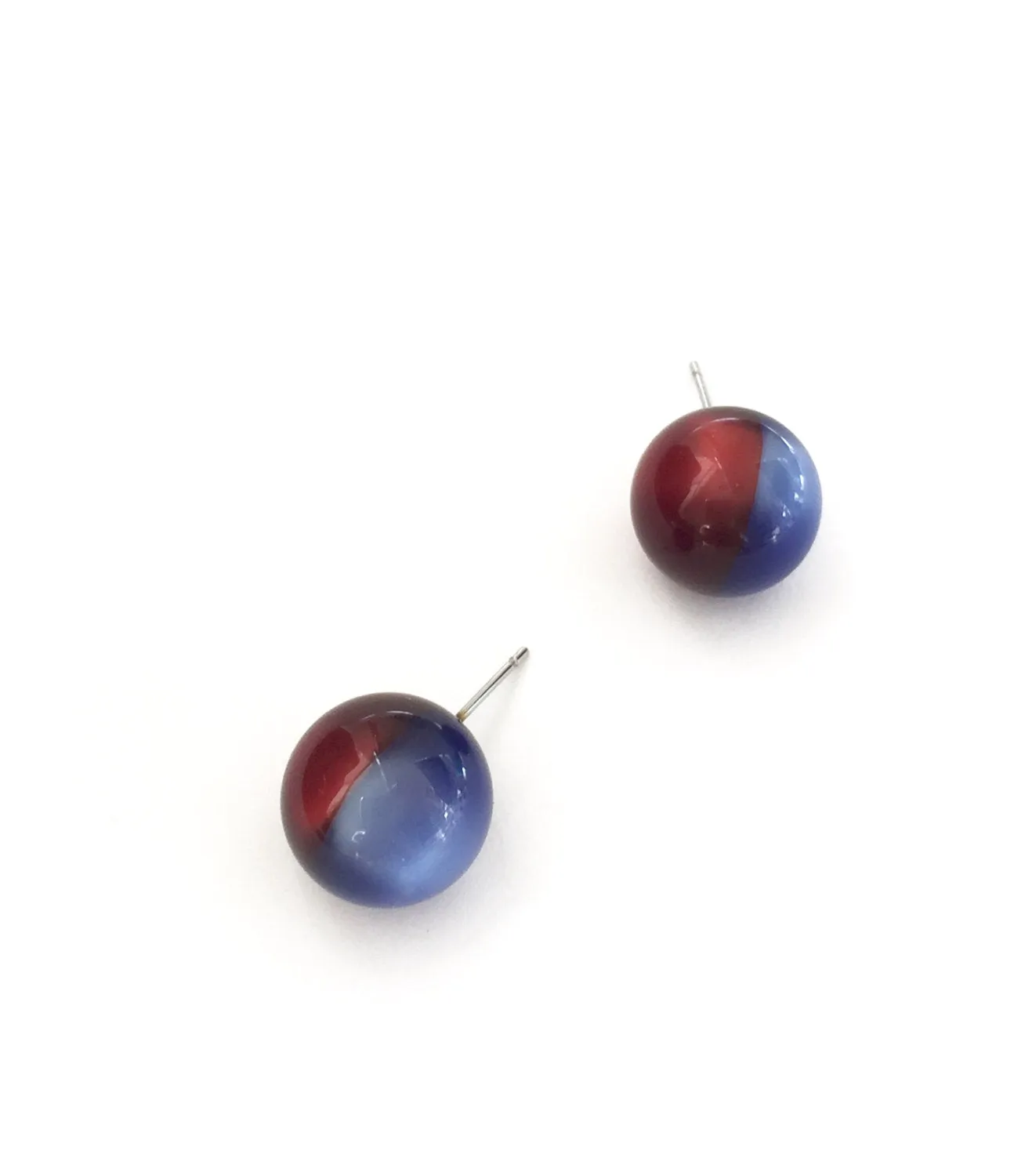 Cobalt Blue and Red Moonglow Harlequin Ball Stud Earrings