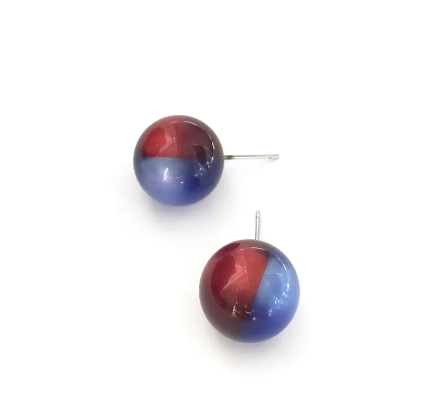 Cobalt Blue and Red Moonglow Harlequin Ball Stud Earrings