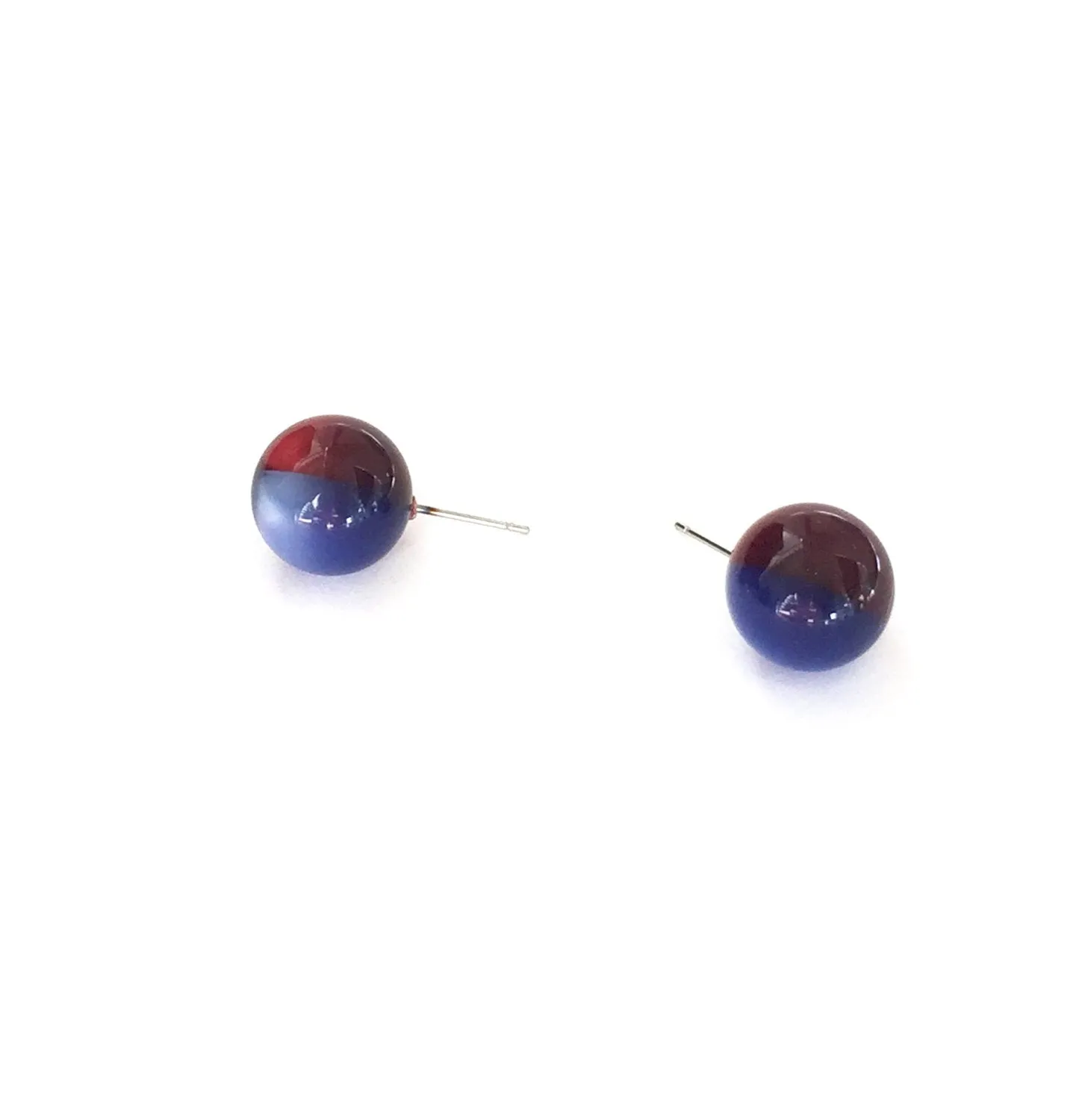 Cobalt Blue and Red Moonglow Harlequin Ball Stud Earrings