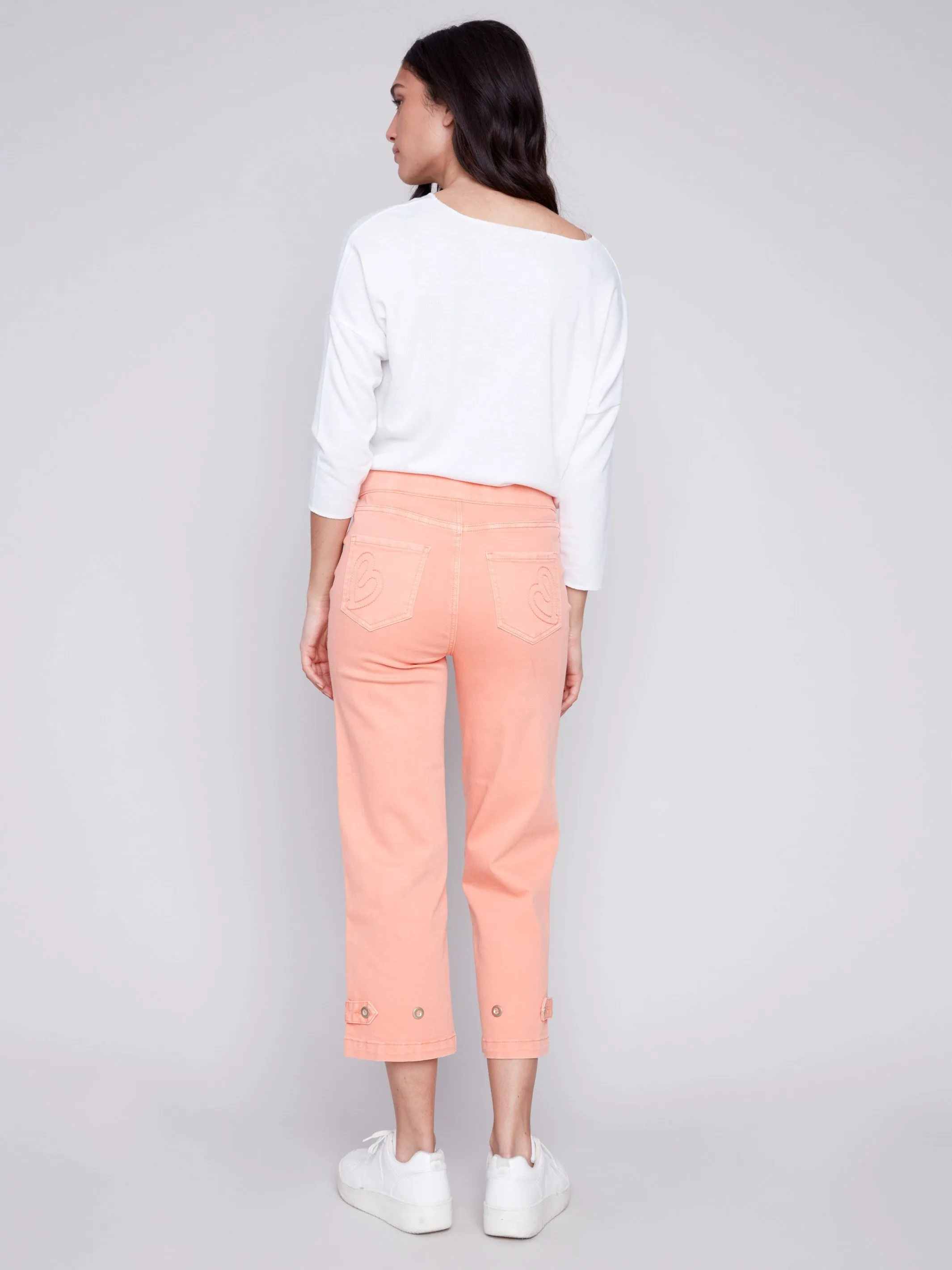 Cropped Pull-On Twill Pants with Hem Tab - Tangerine