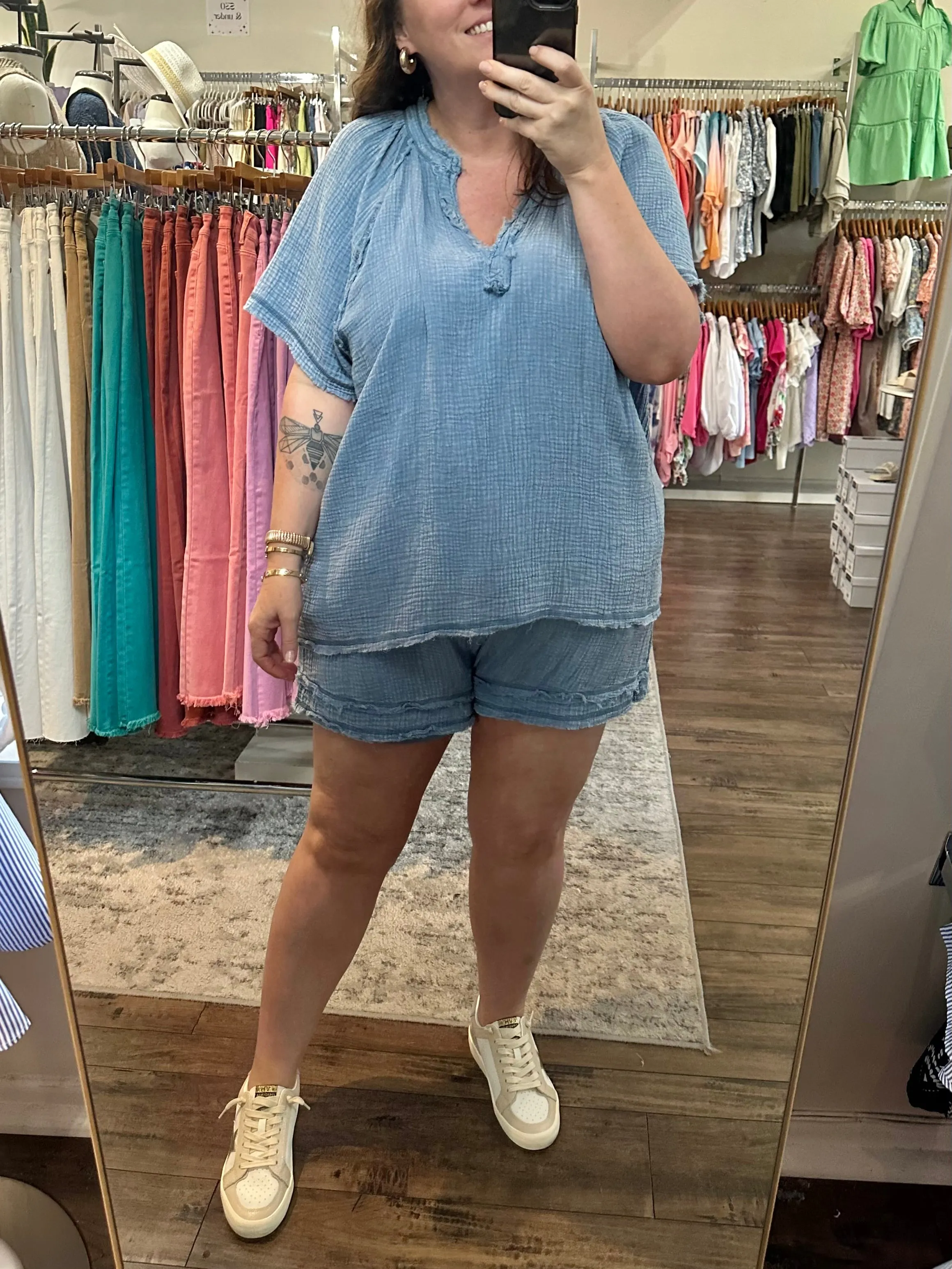 Curvy Blue Washed Gauze Top